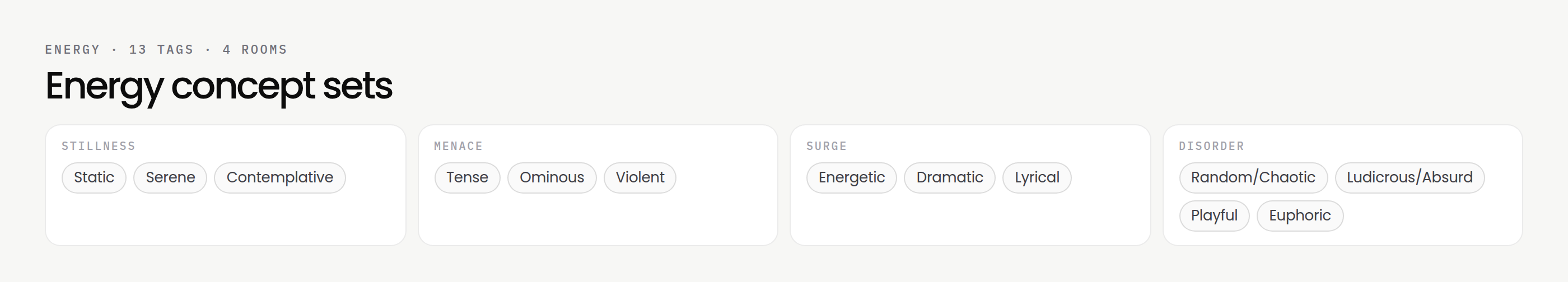 Energy: stillness, menace, surge, disorder.