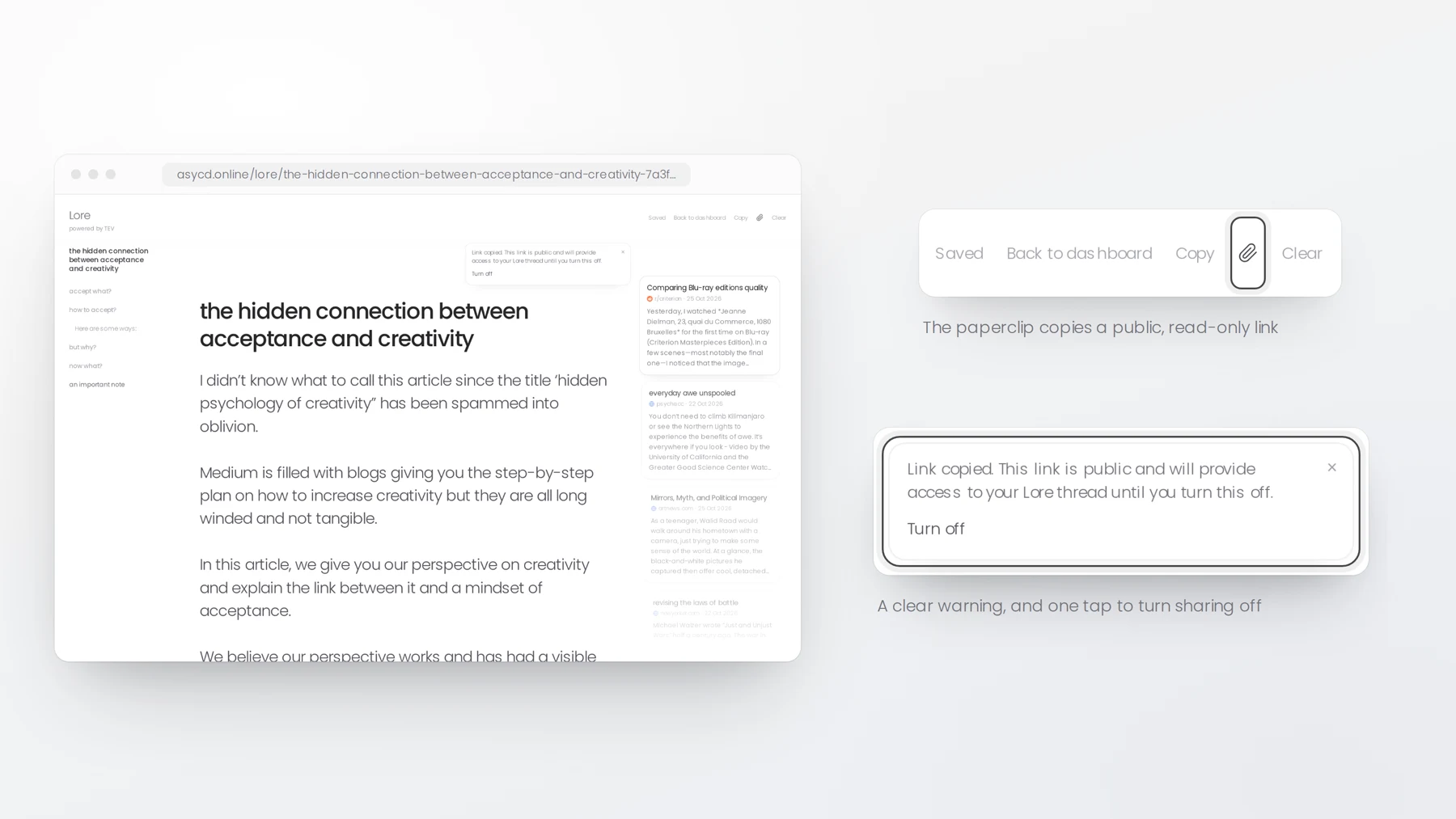 The Lore header with Saved, Back to dashboard, Copy, a paperclip and Clear. A ring marks the paperclip. Below it, a zoomed popover reads: "Link copied. This link is public and will provide access to your Lore thread until you turn this off." with a Turn off option.