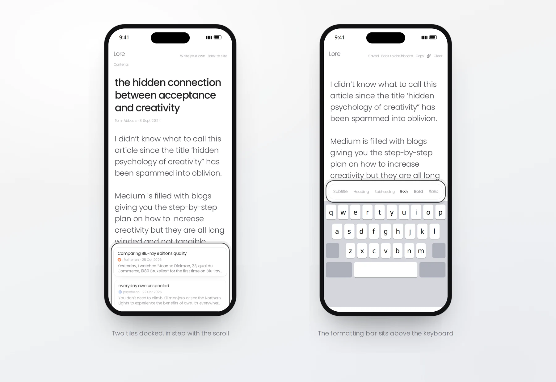 Two phones side by side. The left phone shows the letter with two story tiles docked at the bottom of the screen. The right phone shows the editor with the keyboard open and a formatting bar above it with Subtitle, Heading, Subheading, Body, Bold and Italic.